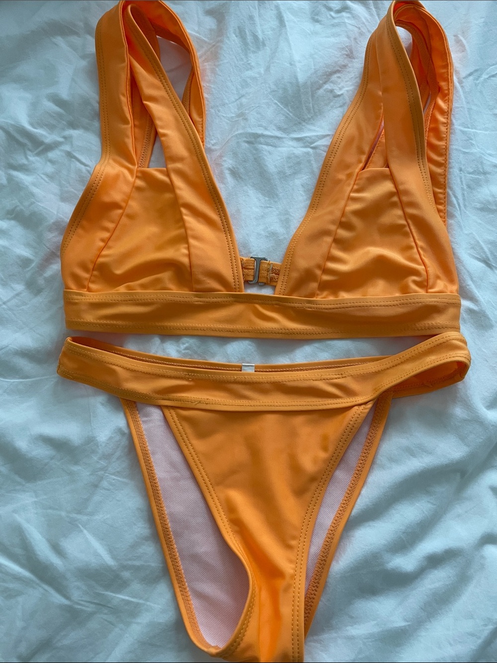 Orange Women's Two-Piece Bikini Set - V-Neck Top & High-Cut Bottom size S